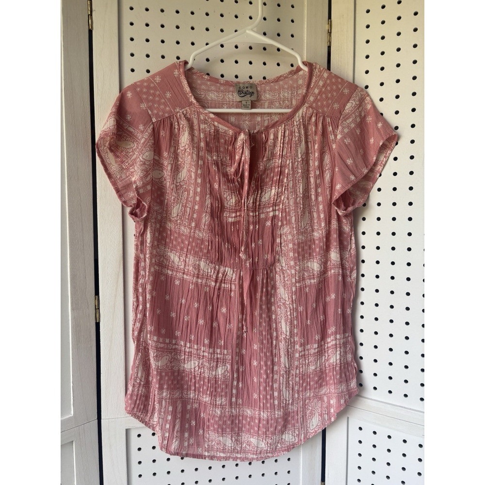 Como Vintage Women's S Semi Sheer Short SLV Pink Paisley Blouse Top